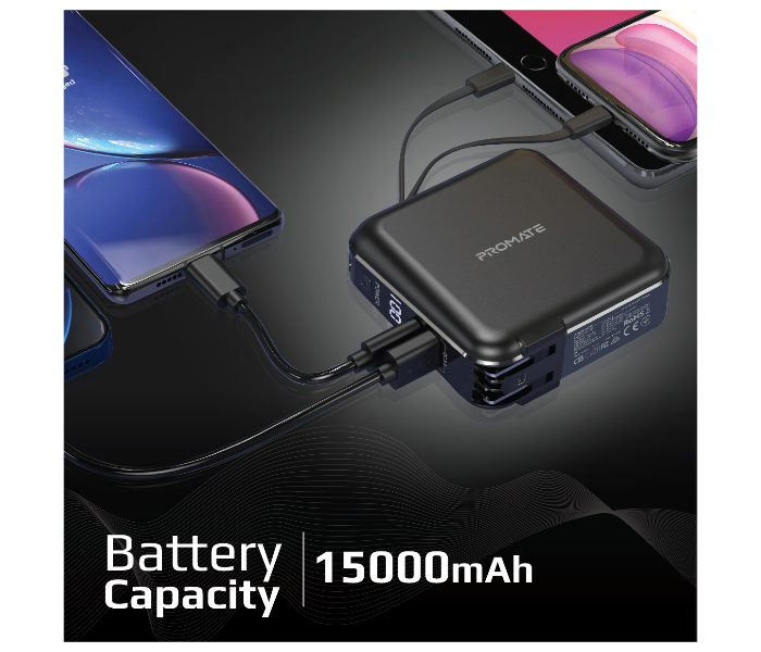 Promate POWERPACK-PD20 2 In 1 Universal 15000mAh Power Bank with Multi Regional AC Plug - Black - Zoom Image 4