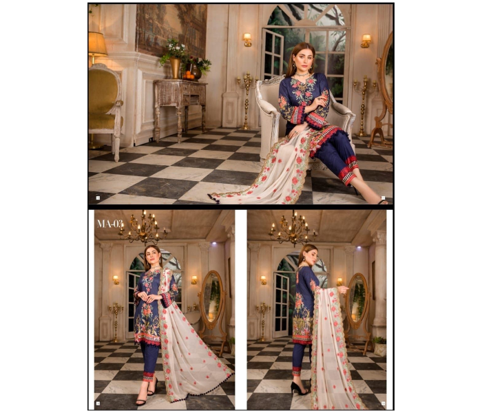 Trends Boutique MZ206 Premium Digital Print Embroidered Lawn Salwar Material with Embroidered Chiffon Dupatta - Dark Blue - Zoom Image