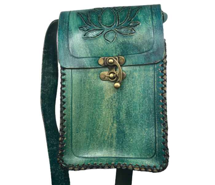 Handmade Small Leather Hand Bag with Lotus Pattern- Green - Zoom Image 1