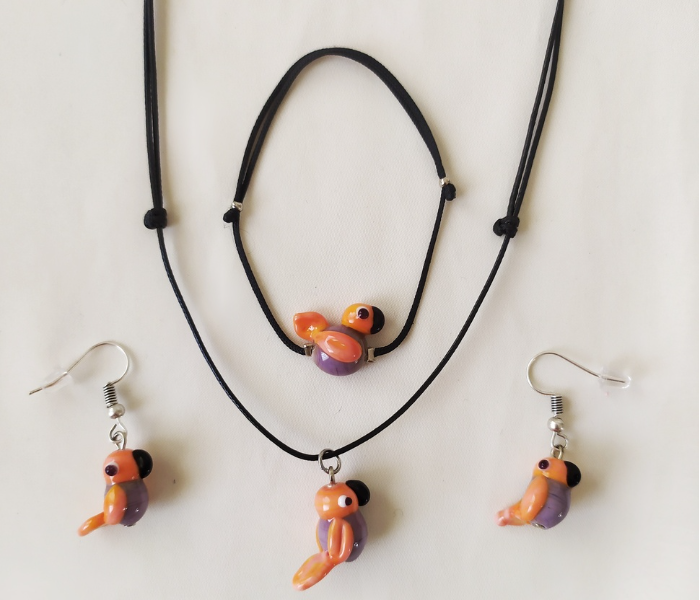 Handmade Glass Art Necklace of Parrot Jewellery Set - Orange and Black - Zoom Image