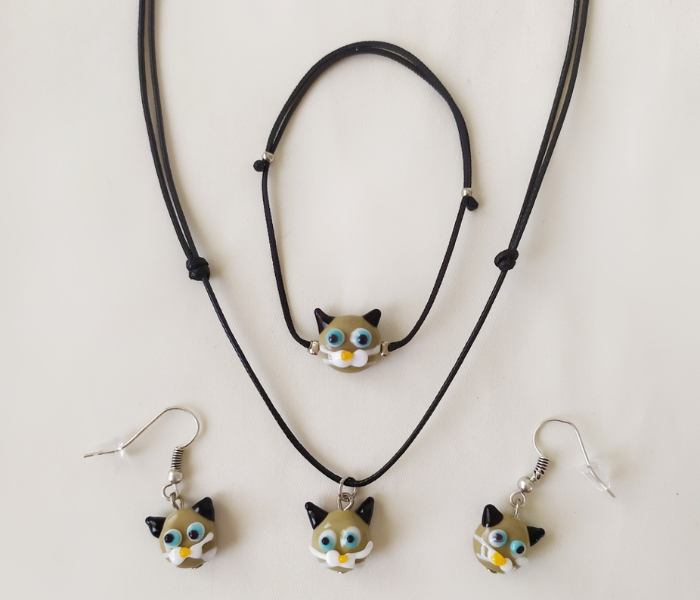 Handmade Glass Art Cat Jewellery Set - Brown - Zoom Image 1