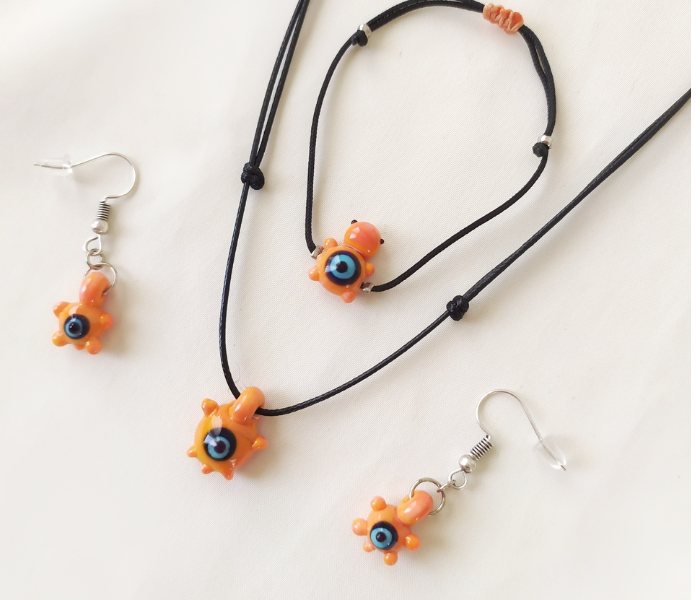 Handmade Glass Art Turtle Jewellery Set - Orange and Black - Zoom Image 4