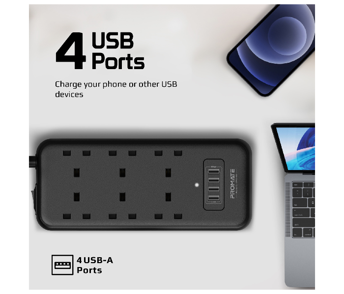 Promate POWERCORD17W-4M 4 Meter Universal 10 in 1 Surge Protector Charging Station with 6 AC Outlet Power Strip - Zoom Image 2