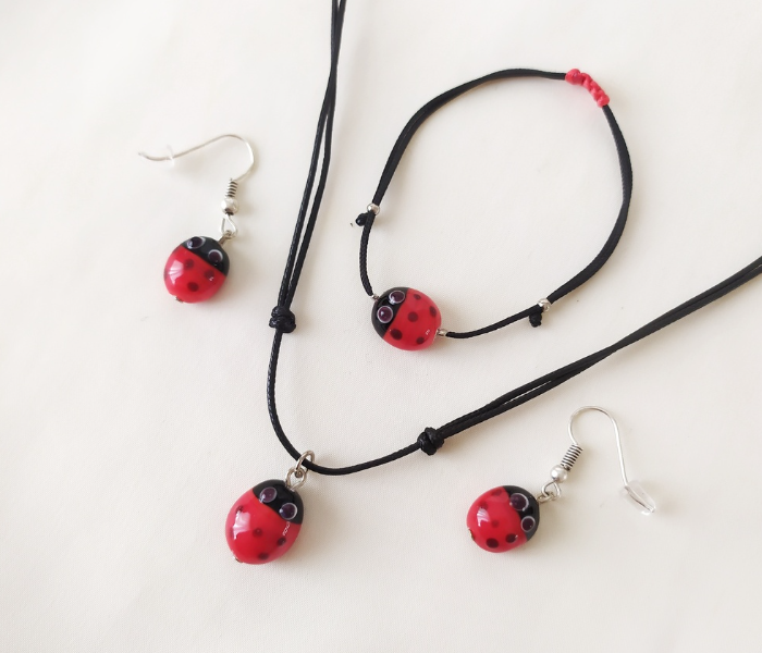 Handmade Glass Art Ladybug Jewellery Set - Maroon - Zoom Image 4