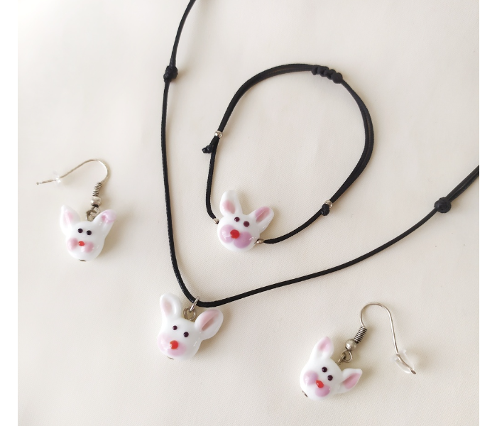 Handmade Glass Art Rabbit Jewellery Set - White - Zoom Image 3