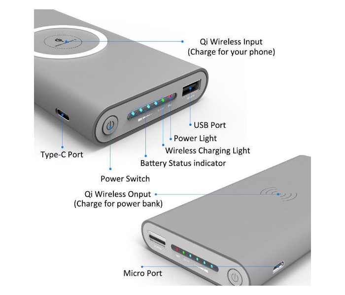 V-walk 10000mAh Wireless Charging Power Bank With USB - White - Zoom Image 1