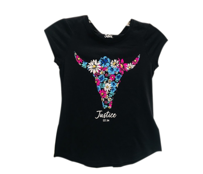 Justice Flower Design T-Shirt for 12 Year Kids - Black - Zoom Image