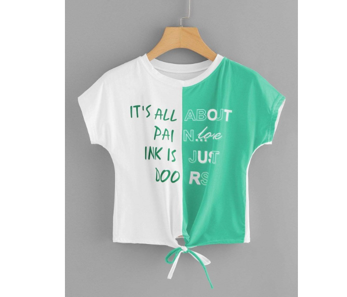 VW Trendz tee181023206 Color-Block Letter Print Knot Hem Large Tee - White And Green - Zoom Image