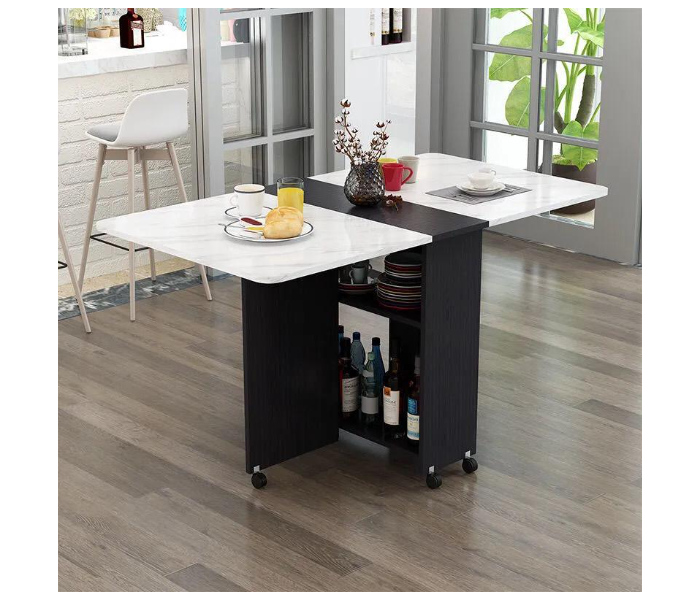 3 in 1 Rolling Dining Table Set Marble Folding Dining Table Movable Wood Office Table Kitchen Storage - Black and White - Zoom Image 1