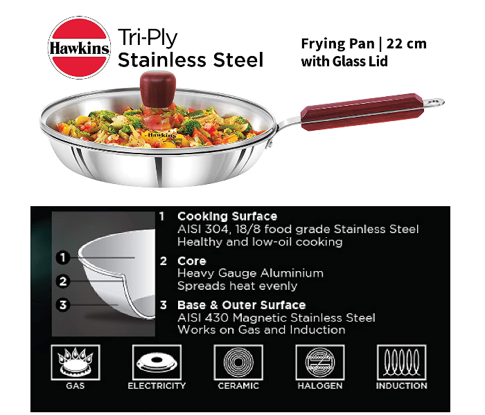 Hawkins Futura HW8005800  22cm Stainless Steel Tri Ply Frying Pan with Glass Lid - Silver - Zoom Image 2