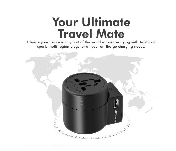 Promate TWIST Multi-Plug Twist Style Travel Adapter Dual USB Ports - Black - Zoom Image 2