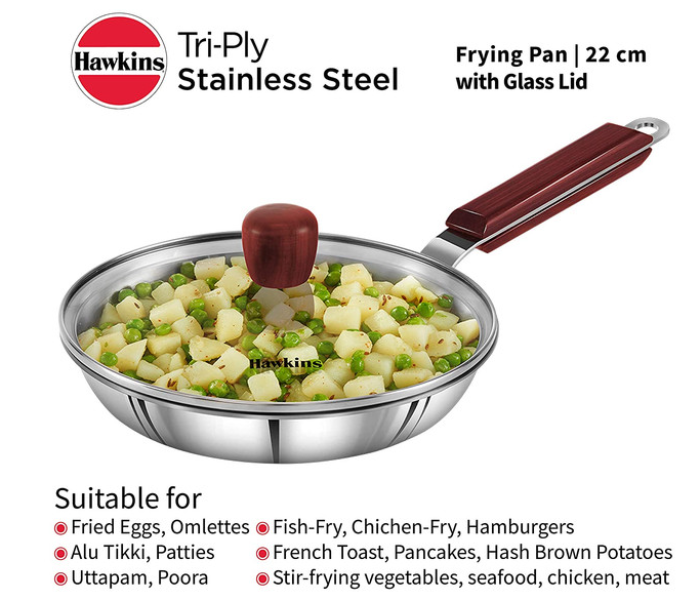 Hawkins Futura HW8005800  22cm Stainless Steel Tri Ply Frying Pan with Glass Lid - Silver - Zoom Image 6