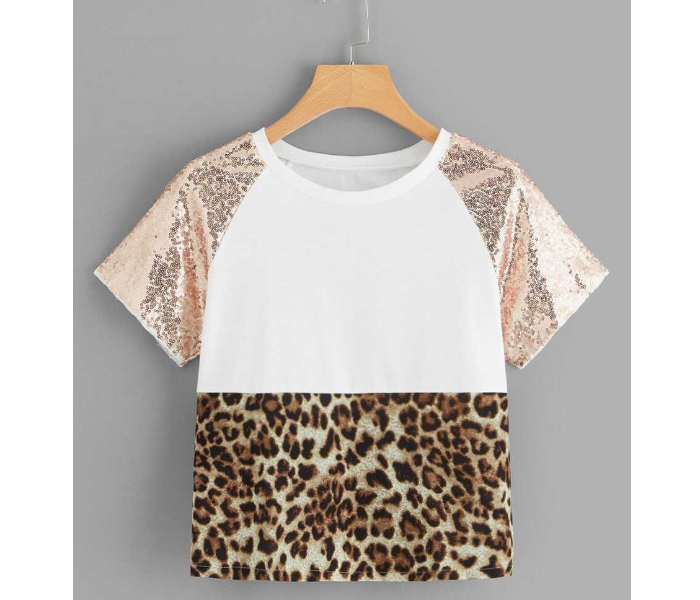 VW Trendz tee181128015 Leopard Print Contrast Sequin Tee - White - Zoom Image