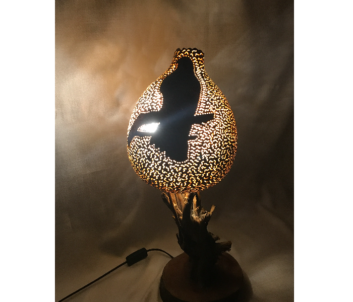 Handmade Falcon Gourd Art Night Lamp with Wooden Stand - Wood - Zoom Image 2