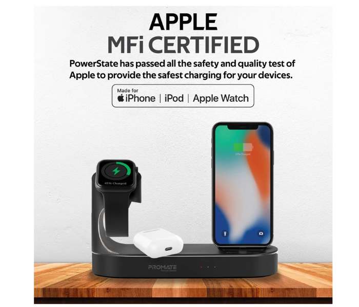 Promate POWERSTATE Apple MFI Charging Dock 18W Power Delivery 10W Wireless Charger for Smartphones and Airpods - Black - Zoom Image 2