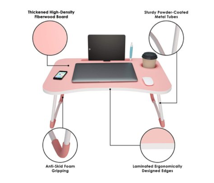 Foldable Portable Multifunction Laptop Table Lapdesk with Tablet Slot and Cup Holder Bed Study - Pink - Zoom Image 2