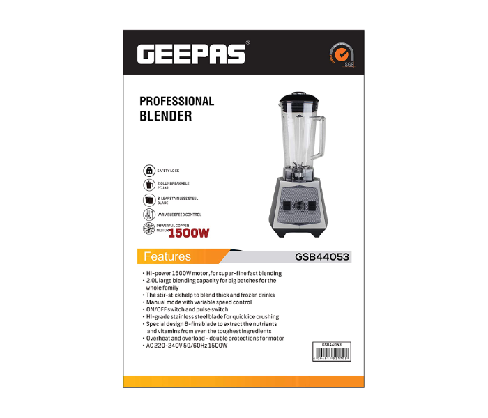 Geepas GSB44053 2 Liter 2 in1 Blender - Silver and Black - Zoom Image 2