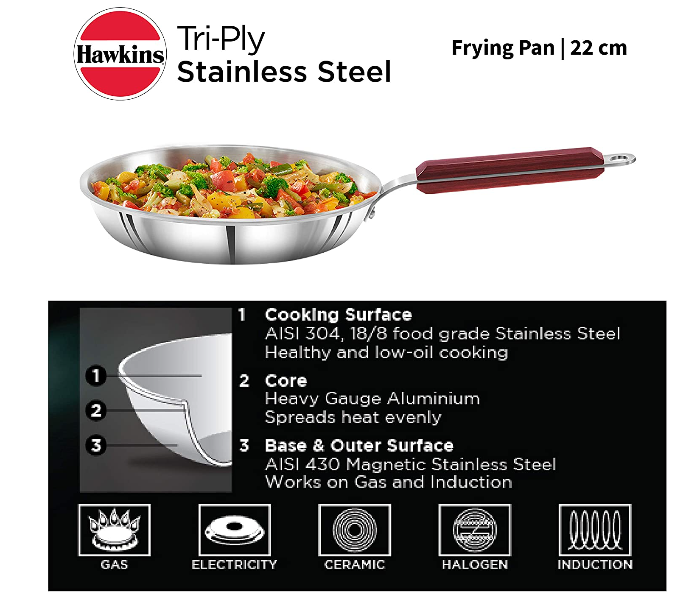 Hawkins Futura HW8005700 22cm Stainless Steel Tri Ply Frying Pan - Silver - Zoom Image 2