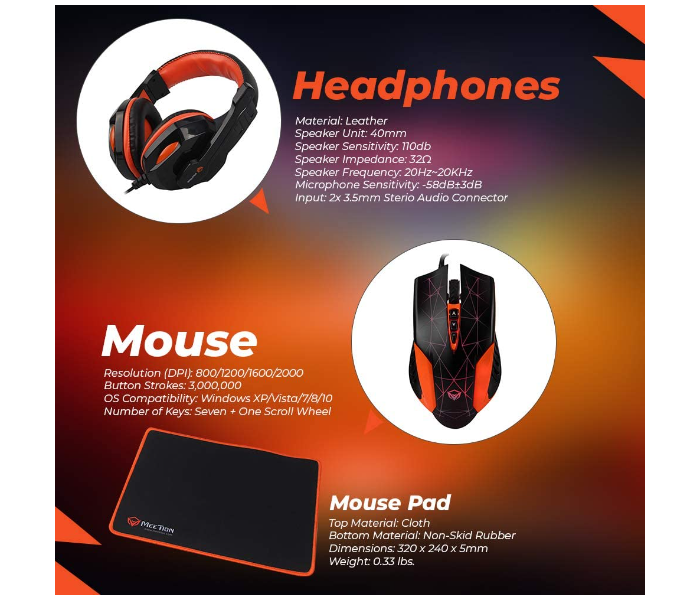 Meetion C500 4-In1 Colorful Backlit English Arabic Wired Keyboard Wired Mouse Headphone And Mouse Pad PC Gaming Kit - Black - Zoom Image 3