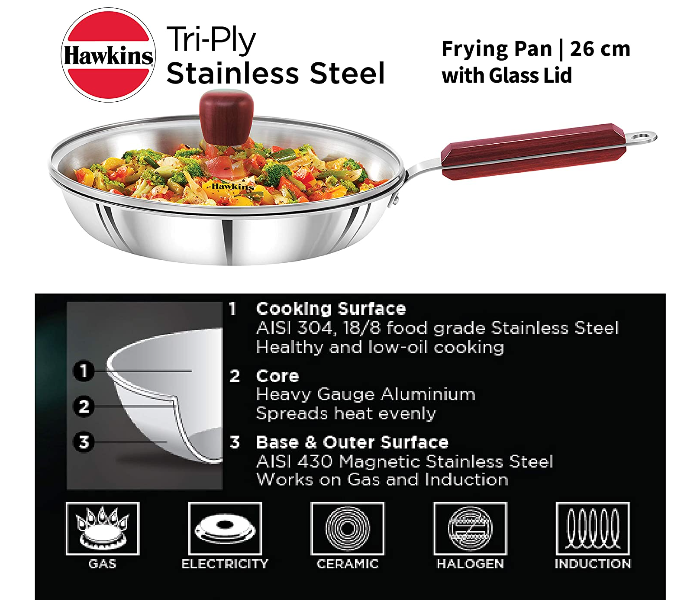 Hawkins Futura HW8006000 26cm Stainless Steel Tri Ply Frying Pan with Glass Lid - Silver - Zoom Image 2