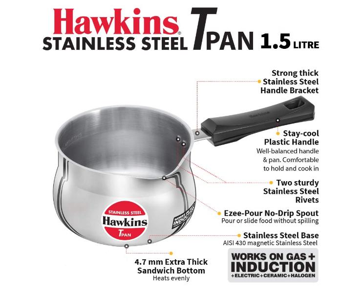 Hawkins Futura HW8005200 1.5 Litre Stainless Steel T Pan with Glass Lid - Silver - Zoom Image 5