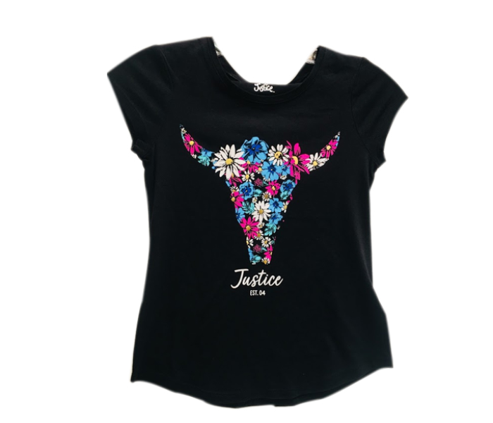 Justice Flower Design T-Shirt for 11 Year Kids - Black - Zoom Image