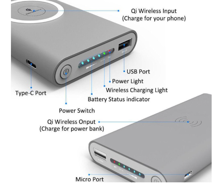 V-walk 10000mAh Wireless Charging Power Bank With USB - Grey - Zoom Image 2