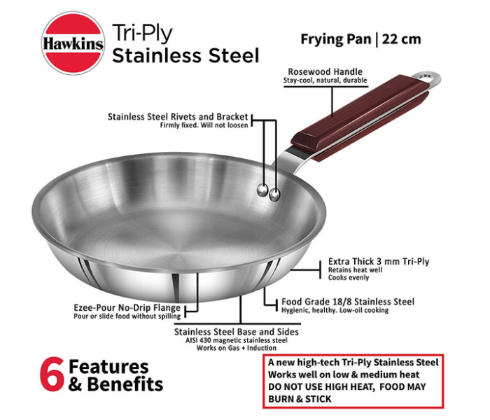 Hawkins Futura HW8005700 22cm Stainless Steel Tri Ply Frying Pan - Silver - Zoom Image 3