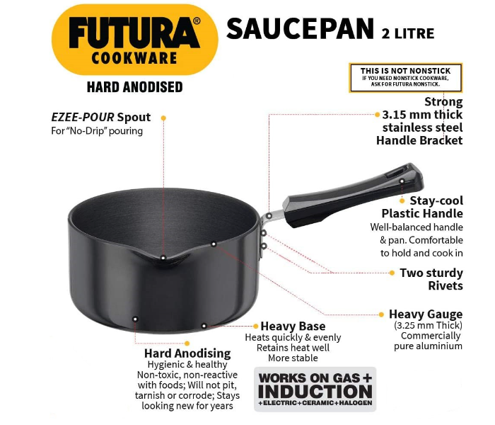 Hawkins Futura HW8001400 2 Litre Hard Anodised Sauce Pan - Black - Zoom Image 2