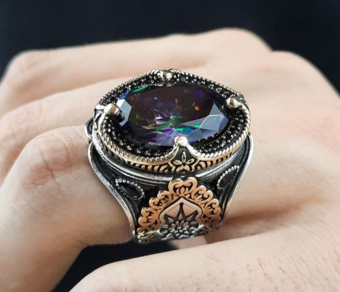 Aden Lily MR-011 Sterling Silver Ring with Mystic Topaz Stone for Men - Zoom Image