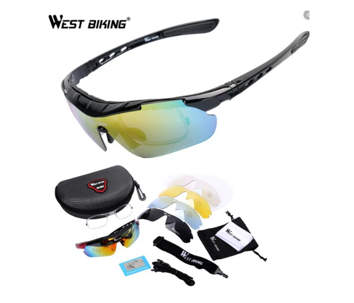 West Biking Bike Sunglasses with 4 Extra Lens and Removable Strap - Black - Zoom Image 1