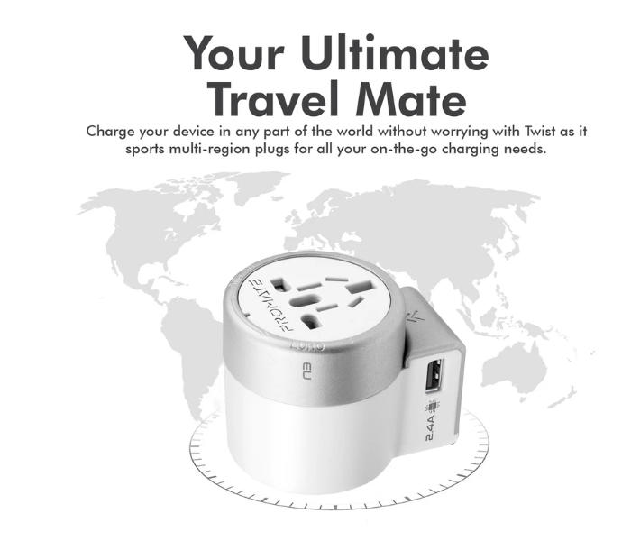 Promate TWIST Multi-Plug Twist Style Travel Adapter Dual USB Ports - White - Zoom Image 2