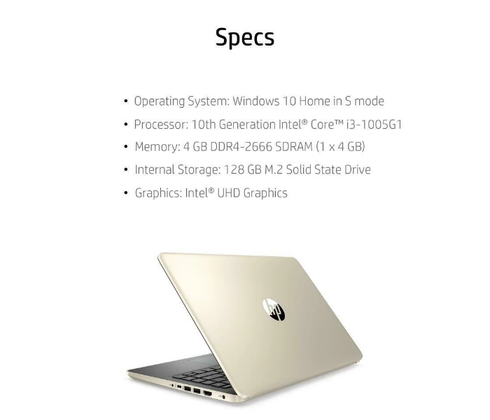 HP 14-DQ1038WM 14inch HD Intel Core i3-1005G1 4GB RAM 128GB SSD Windows 10S - Pale Gold - Zoom Image 6