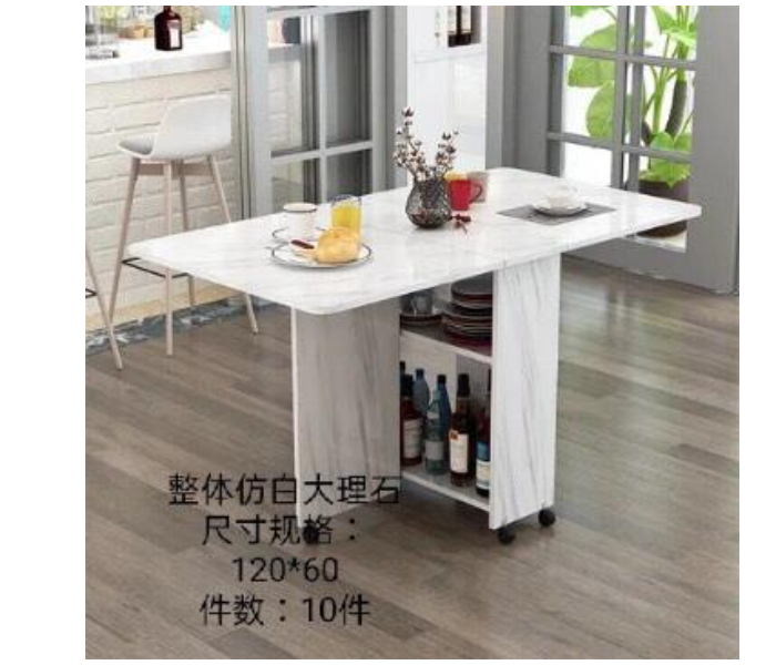 3 in 1 Rolling Dining Table Set Marble Folding Dining Table Movable Wood Office Table Kitchen Storage - White - Zoom Image 5