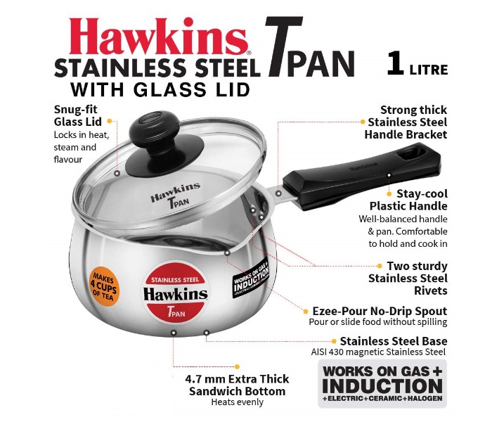 Hawkins Futura HW8005100 1 Litre Stainless Steel T Pan with Glass Lid - Silver - Zoom Image 2