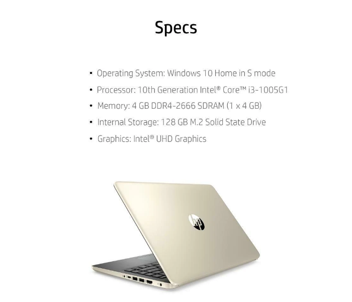 HP 14 Laptop, Intel Core i3-1005G1, 4GB SDRAM, 128GB SSD, Pale