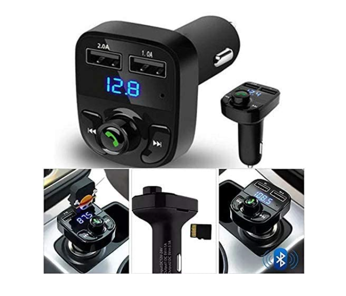 Car-X8 Wireless Car FM Player 1 USB Port AUX Cable Slot Memory Card Slot LED Display Hand free Calling - Black - Zoom Image