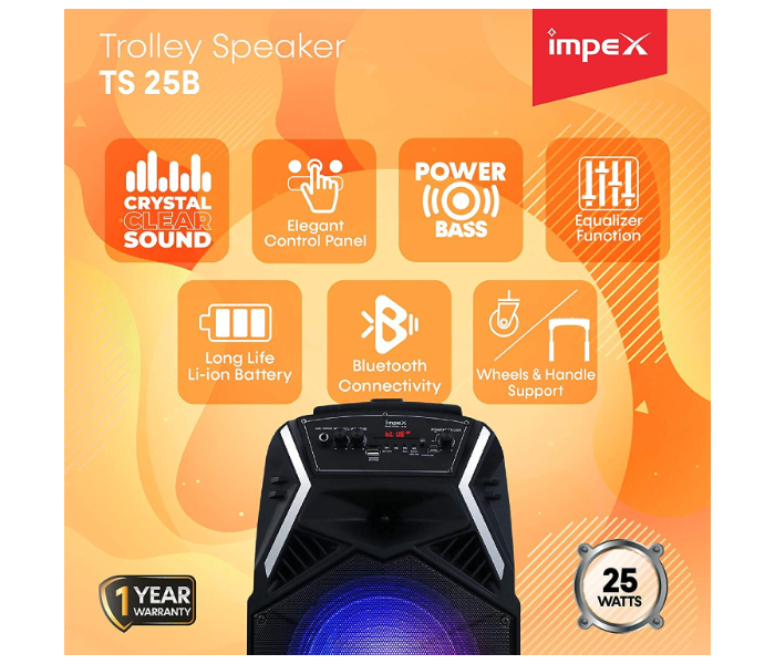 Impex TS-25B 25W Multimedia Portable Trolley Speaker with Mic and LED Light - Black - Zoom Image 3