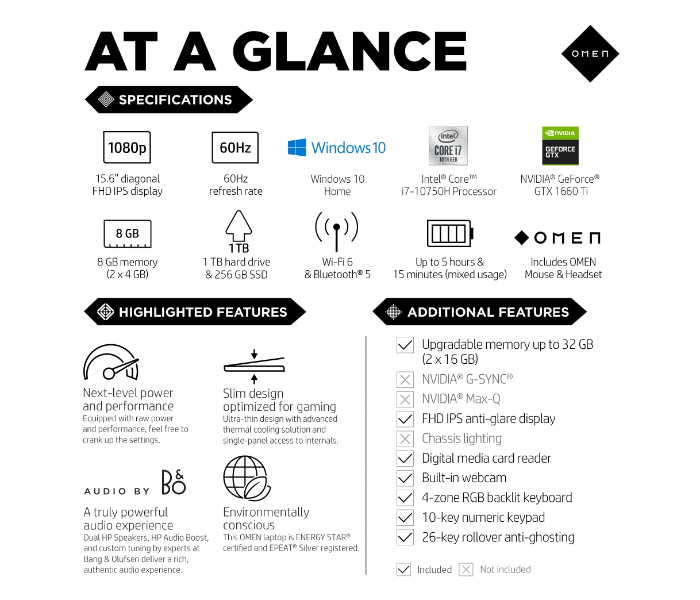 HP Omen 15 Intel Core i7-10750H 8GB RAM 256GB SSD + 1TB HDD 6GB NVIDIA GeForce GTX 1660 Ti Mouse and Headset Bundle Gaming Laptop - Black - Zoom Image 8