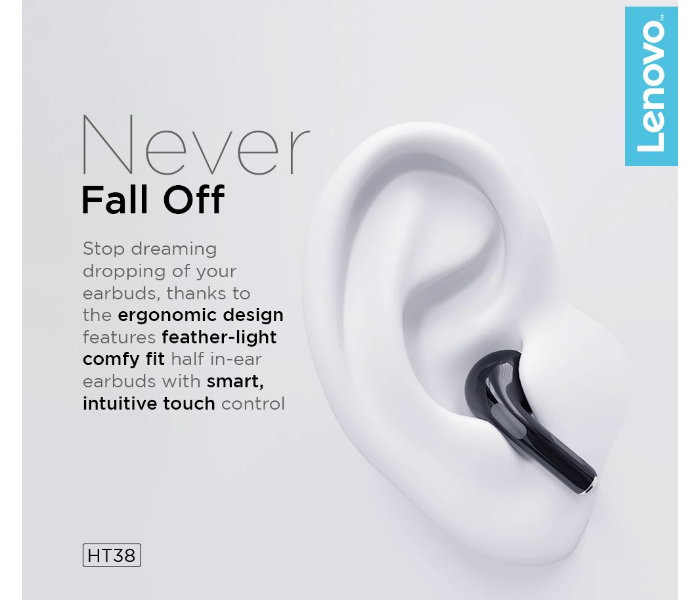 Lenovo HT38-BK Lenovo Bluetooth 5.0 Hands-Free True Wireless Stereo Half In-Ear Earphones with Deep Bass, Intelligent Noise reduction and Touch Control for Calling and Listening Music - Black - Zoom Image 2