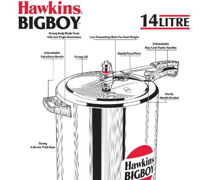 Hawkins HW1014000 14 Litre Bigboy Pressure Cooker - Silver - Zoom Image 2