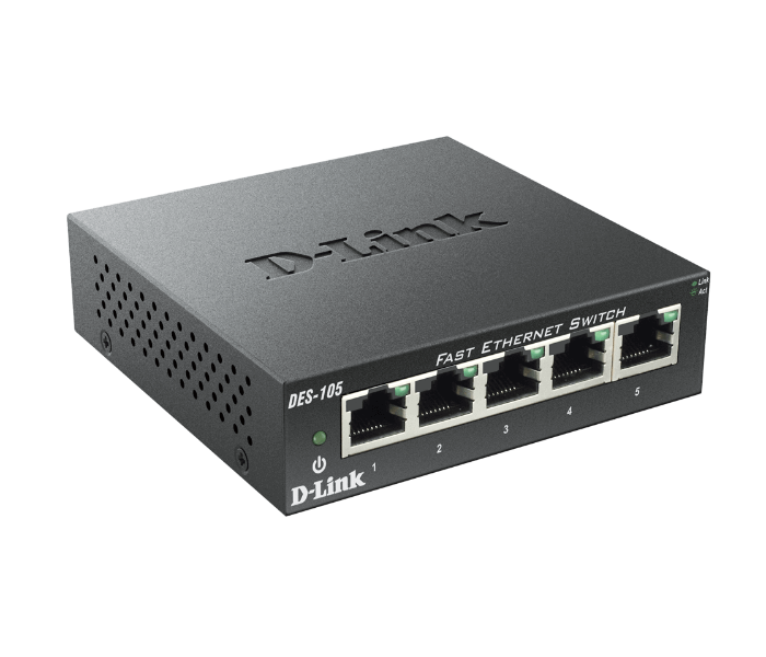 D-Link DL-SW-DES-105B 5-Port 10 by 100 Unmanaged Metal Desktop Switch - Black - Zoom Image 2