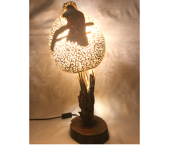 Handmade Falcon Gourd Art Night Lamp with Wooden Stand - Wood - Zoom Image 3