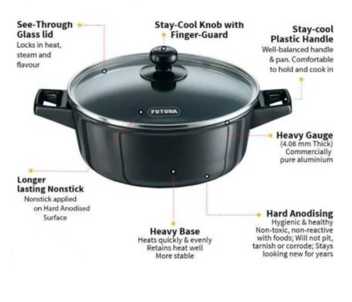 Hawkins Futura Q38 3 Litre Cook and Serve Bowl With Glass Lid - Black - Zoom Image 3