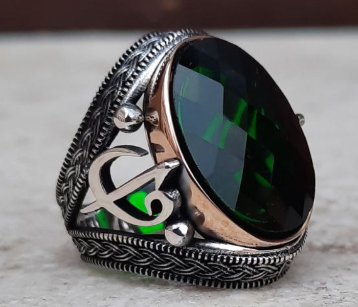 Aden Lily MR-003 Sterling Silver Ring with Green Zirconia for Men - Zoom Image