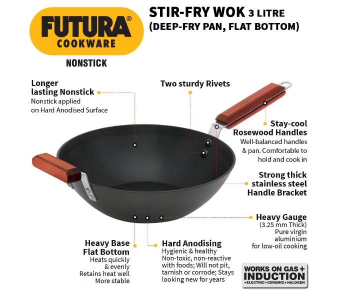 Hawkins Futura HW8003500 3 Litre Non Stick Stir Fry Wok - Black - Zoom Image 2