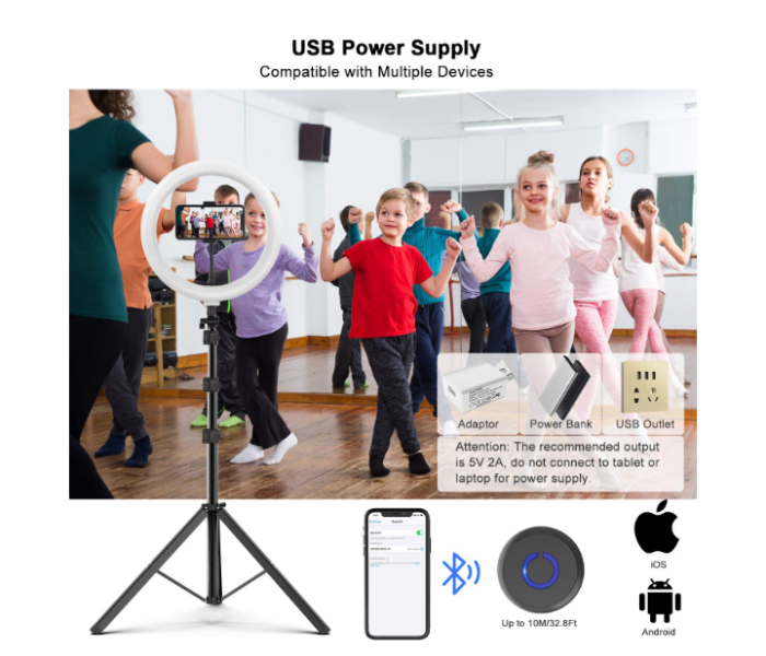 Generic 10 Inch Selfie Ring Light With Tripod And Flexible Phone Holder - Black And White - Zoom Image 2