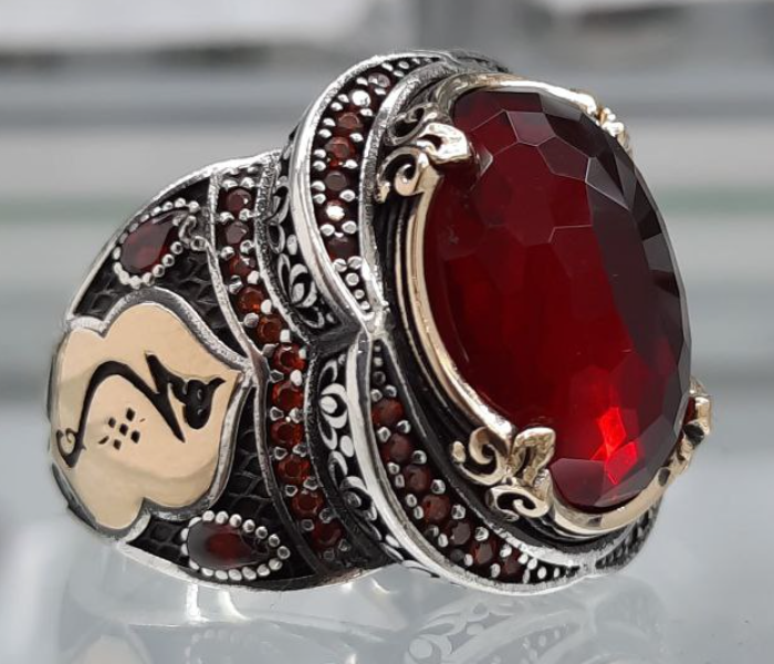 Aden Lily MR-001 Sterling Silver Ring with Red Zirconia for Men - Zoom Image 2