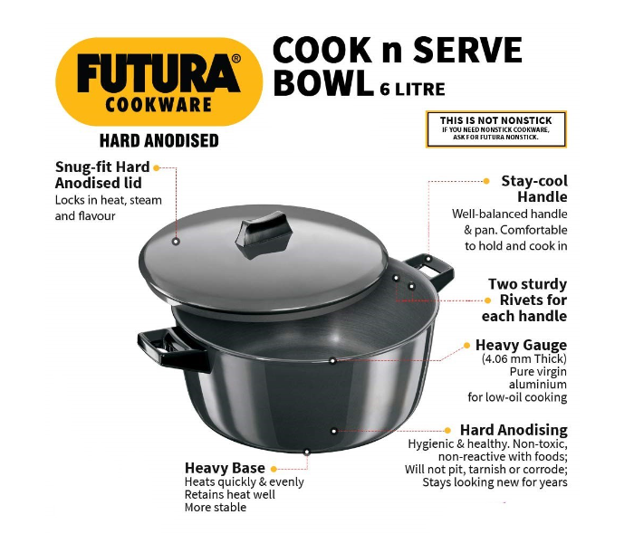 Hawkins Futura HW8001600 6 Litre Hard Anodised Cook n Serve Bowl - Black - Zoom Image 2