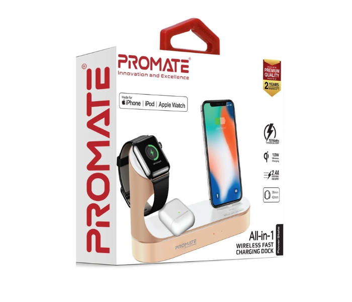 Promate POWERSTATE Apple MFI Charging Dock 18W Power Delivery 10W Wireless Charger for Smartphones and Airpods - Gold - Zoom Image 4